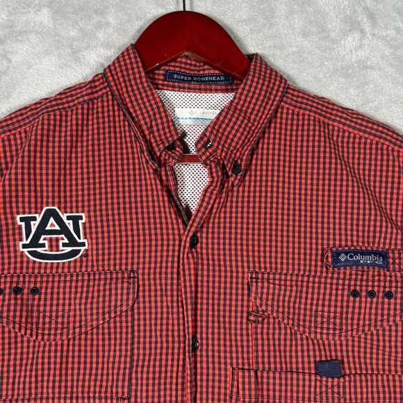 Columbia PFG Shirt Mens M Orange Gingham Omni Shade Auburn Tigers Super Bonehead - Picture 1 of 11